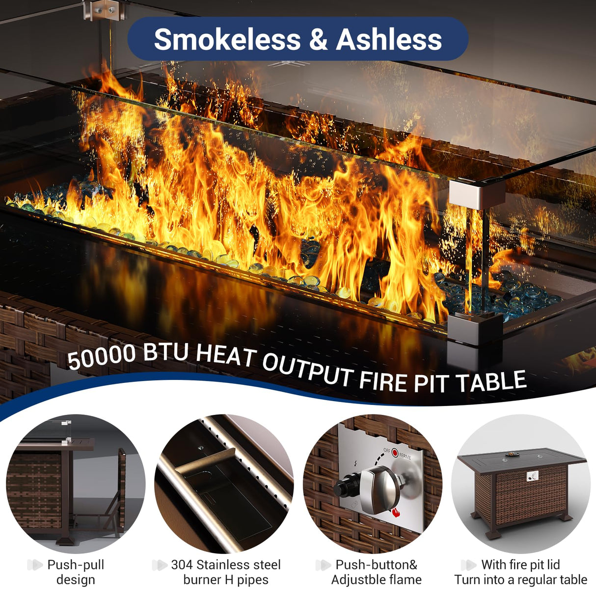 Amopatio Outdoor Patio Furniture Sets, 8 Pieces Wicker Patio Furniture, Outdoor Sectional Patio Couch Set with Ottoman, Outdoor Conversation Set with 44" Gas Fire Pit (Navy Blue) Amopatio