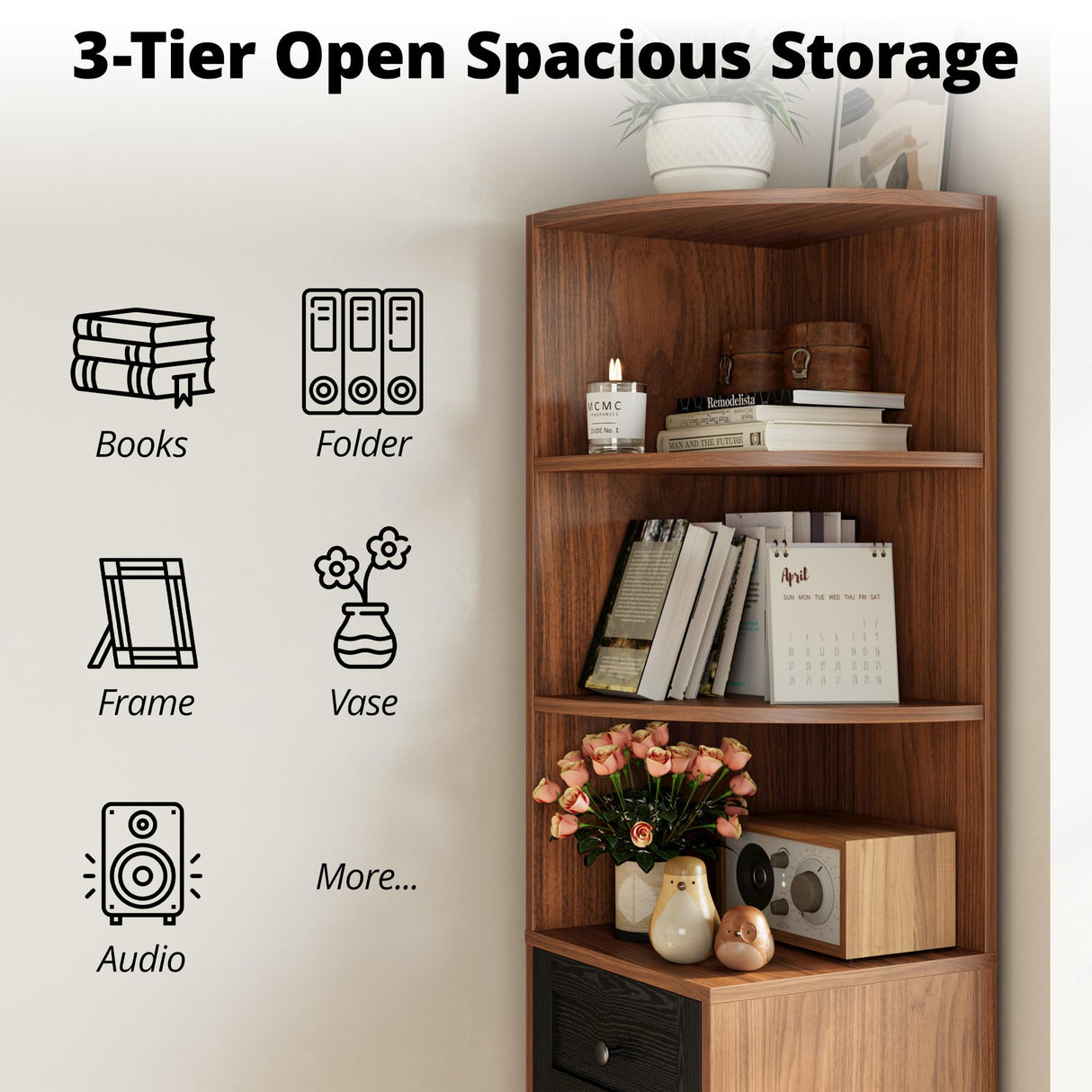 IRONCK Corner Bookshelf and Bookcase, 71" H Wooden Book Shelves 3 Tier with Drawers and Storage Cabinet for Living Room, Office, Bedroom, Brown and Black IRONCK