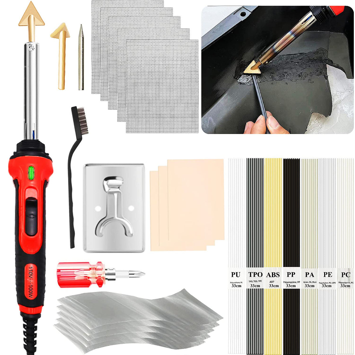 100W Plastic Welder, 2-in-1 Plastic Welding Kit with Soldering Iron Tips & 56Pcs Rods, 3-Speed Temperature Control Soldering Iron Gun, Professional Surface Repair Tool for Car Bumper,Dashboard, Kayak Ghguole