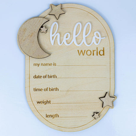 Baby Announcement Sign Star, 6.5 Inch Wooden Hello World Newborn Welcome Sign Birth Baby Name Plaques for Photo Props Baby Shower Hospital Nursery (A62) ONNIBE
