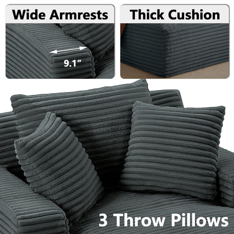 50" Boneless Couch, Oversized Chaise Lounge Sofa, Corduroy Chaise Lounge Chair Indoor with Comfy Pillows for Living Room Bedroom, Foam Filling, No Assembly (Dark Grey) Nahenduo