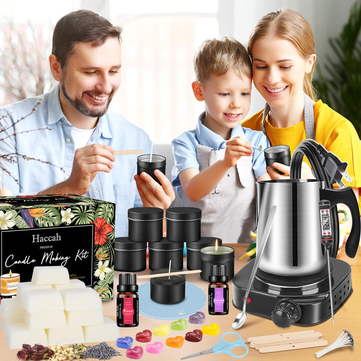 Complete Candle Making Kit With Wax Melter, Candle Making Supplies, DIY Arts&Crafts Kits Gift For Adults,Beginners,Including Bees Wax,500w Electric Stove,Wicks,Rich Scents,Wick Clips,Pouring Pot Etc. Haccah