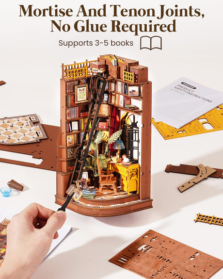 Rolife DIY Book Nook Kits for Adults, Miniature Dollhouse Booknook Kit, 3D Wooden Puzzle Creative Decorative Bookends Bookshelf Diorama Insert Crafts Hobbies Gifts (Silent Corner Study) Rolife