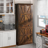 oneinmil Kitchen Pantry Storage Cabinet, 72" Freestanding Cupboard with Farmhouse Barn Doors, Adjustable Shelves & Large Drawer, Practical Sideboard, Brown oneinmil