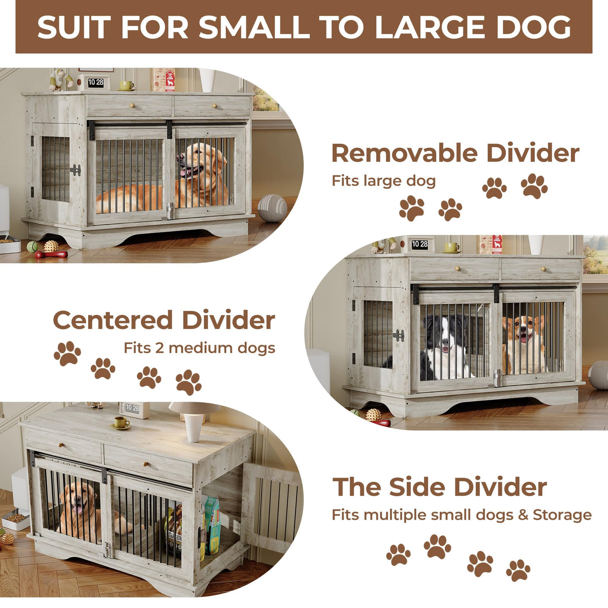 Large Dog Furniture Crate, 47 Inch Furniture Style Dog Crate with Removable Divier for Large/Medium/Small Dogs，Grey Garvee