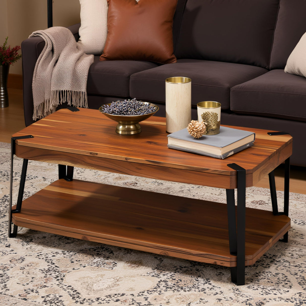 Ryegate 42-Inch Coffee Table – Solid Acacia Wood Live Edge Top with Lower Shelf and Metal Frame Base – Rustic Industrial Modern Living Room Center Table by Alaterre Furniture (Natural) Alaterre Furniture