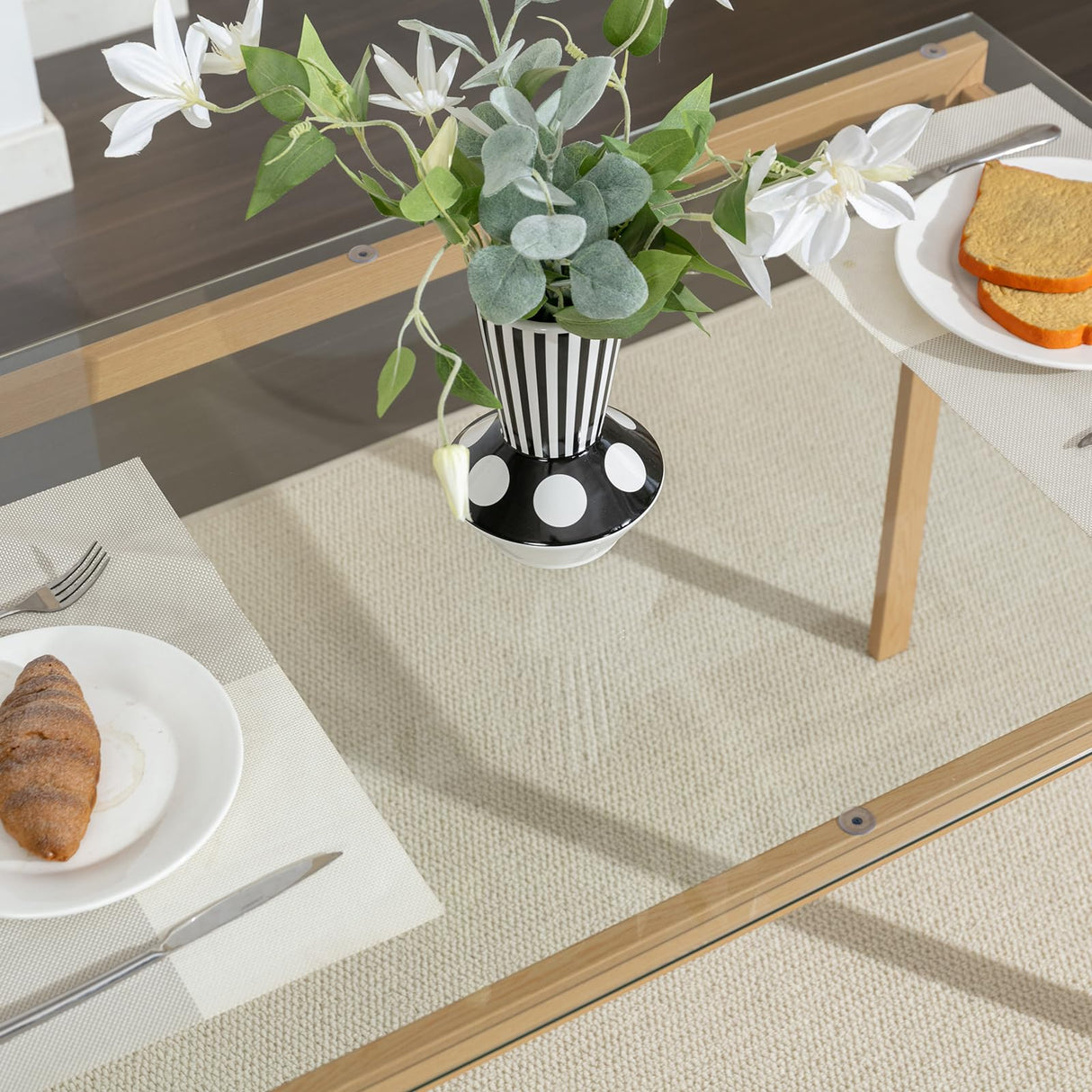 COSVALVE Boho Dining Table Chairs Set of 4, Tempered Glass Tabletop with Rattan Decor, Upholstered Cane Dining Chair with Rattan Back Metal Legs, for Dinner Living Room Reception COSVALVE