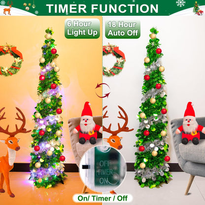 6 Ft Tinsel Christmas Trees - Artificial Christmas Tree ，Collapsible with Timer 100 Lights 15 Balls, Tinsel Pencil Christmas Tree Christmas Decorations for Home Bedroom Fireplace(Green Silver)