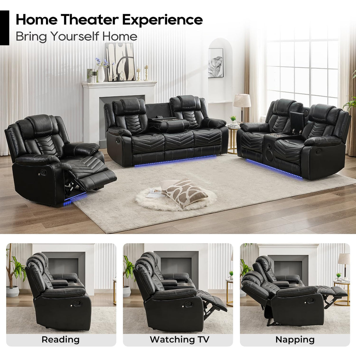 Manual Recliner Sofa Set 3 Piece with Wireless Charger for Living Room,Leather 3 Seater Reclining Couch with Bass Speaker and Loveseat Theater Seating,Home Electric Recliner Chair with LED Light,Black Comfort Stretch