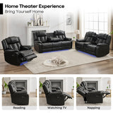 Manual Recliner Sofa Set 3 Piece with Wireless Charger for Living Room,Leather 3 Seater Reclining Couch with Bass Speaker and Loveseat Theater Seating,Home Electric Recliner Chair with LED Light,Black Comfort Stretch