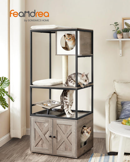 Feandrea Cat Tree, Modern Cat Tower, 57.5 Inches Tall Cat Condo with Litter Box Enclosure, Elevated Bowl Stand, Scratching Post, Washable Cushions, Greige UPCT312G01V1