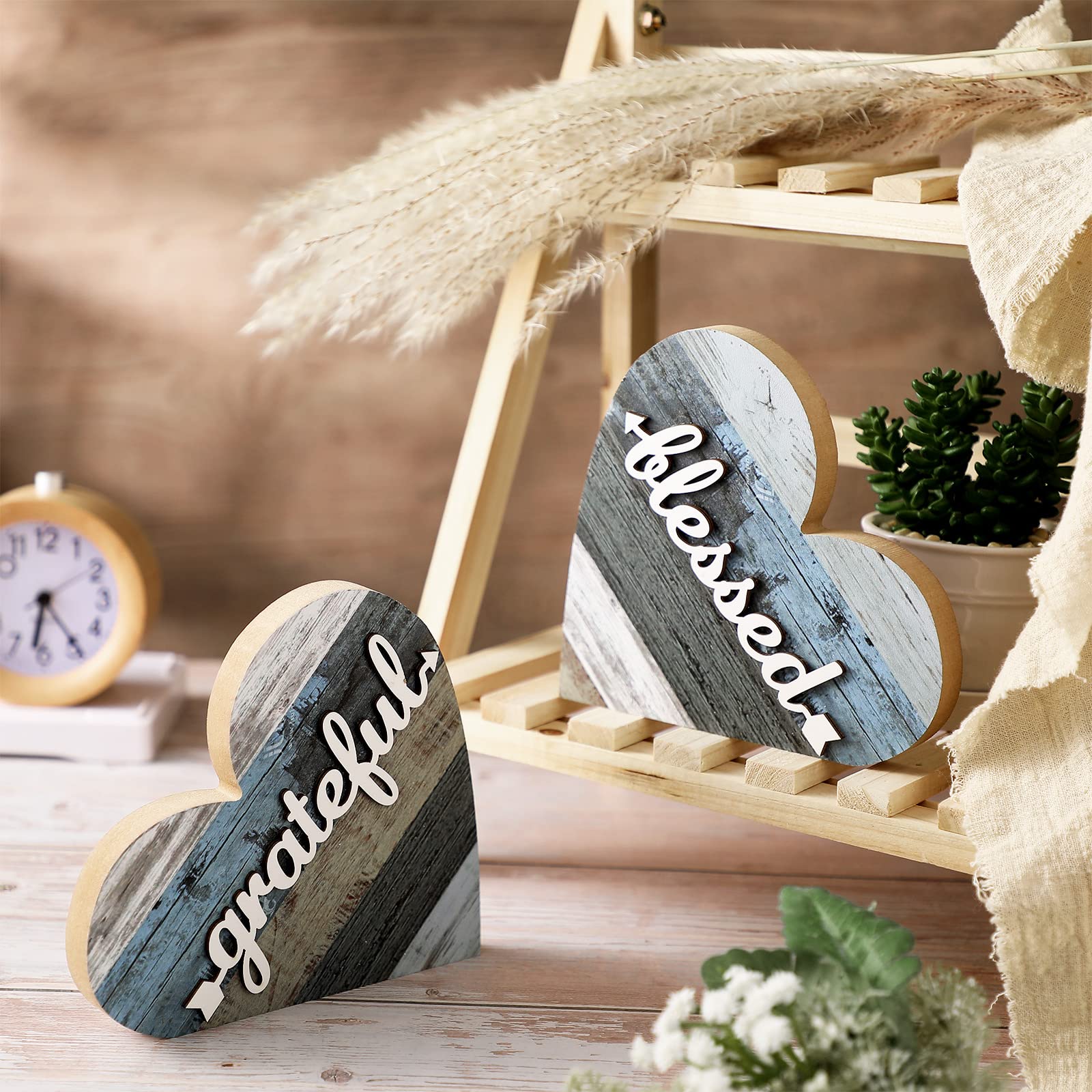 Jetec 2 Pcs Rustic Wood Home Sign Farmhouse Love Wooden Heart Shaped Table Centerpiece Valentines Day Decoration for Home Kitchen Living Room Dining Room Table Decoration (Grateful Style) - WoodArtSupply