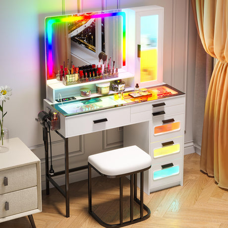SKKTKT Vanity Desk with Mirror and RGB LED Lights, 39.5" Glass Top Makeup Vanity with 6 Drawers and Wireless/USB/Type-C Charging, Makeup Dressing Table with Stool (White) SKKTKT