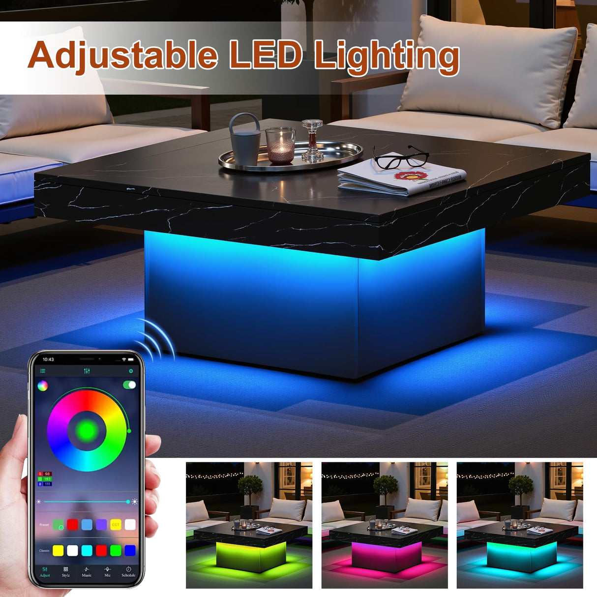 Osparple 35" Coffee Table with Storage, Small Coffee Table with LED Light, Wood Square Accent Center Sofa Side Tables for Living Room, Black Osparple