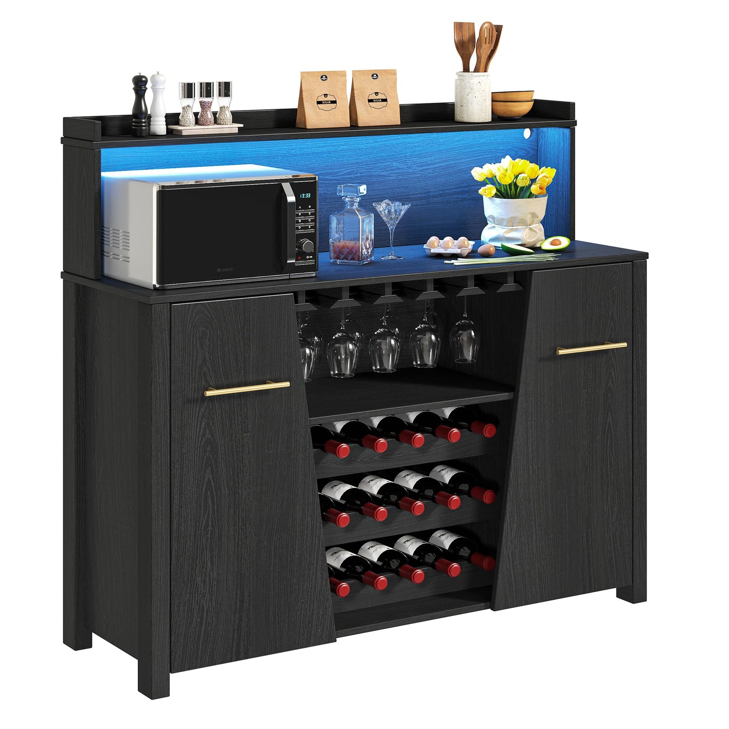 DWVO Sideboard Buffet Cabinet w/LED Lights, 47'' Coffee Bar Cabinet with Storage, Wine Rack and Glass Holder, Liquor Cabinet w/Adjustable Shelf for Living Room, Kitchen, Dining Room, Black