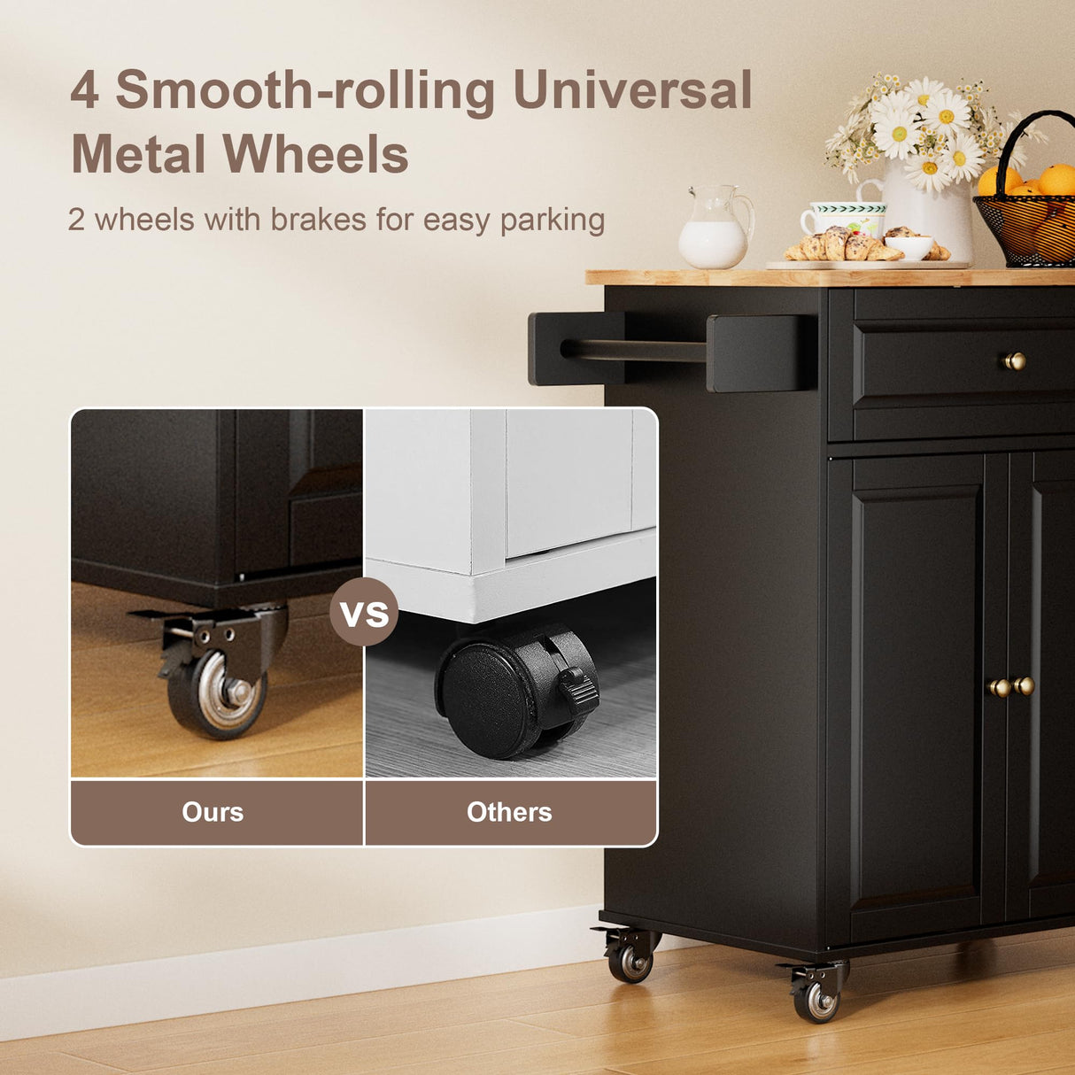 Gizoon Black Kitchen Island Cart with Rubberwood Top & Multi-Storage for Home and Dining Gizoon