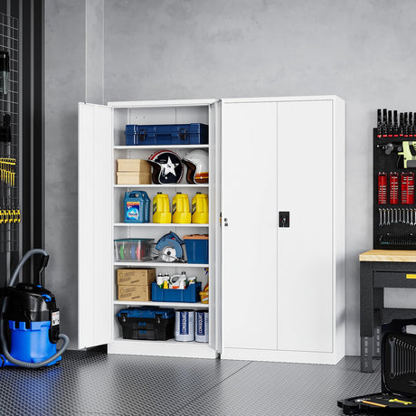 Yizosh Metal Garage Storage Cabinet with Lock, 71" Locking Tool Cabinet with 2 Doors and 5 Shelves, Tall Steel Cabinet for Garage, Heavy Duty File Cabinet for Office, School (White) Yizosh
