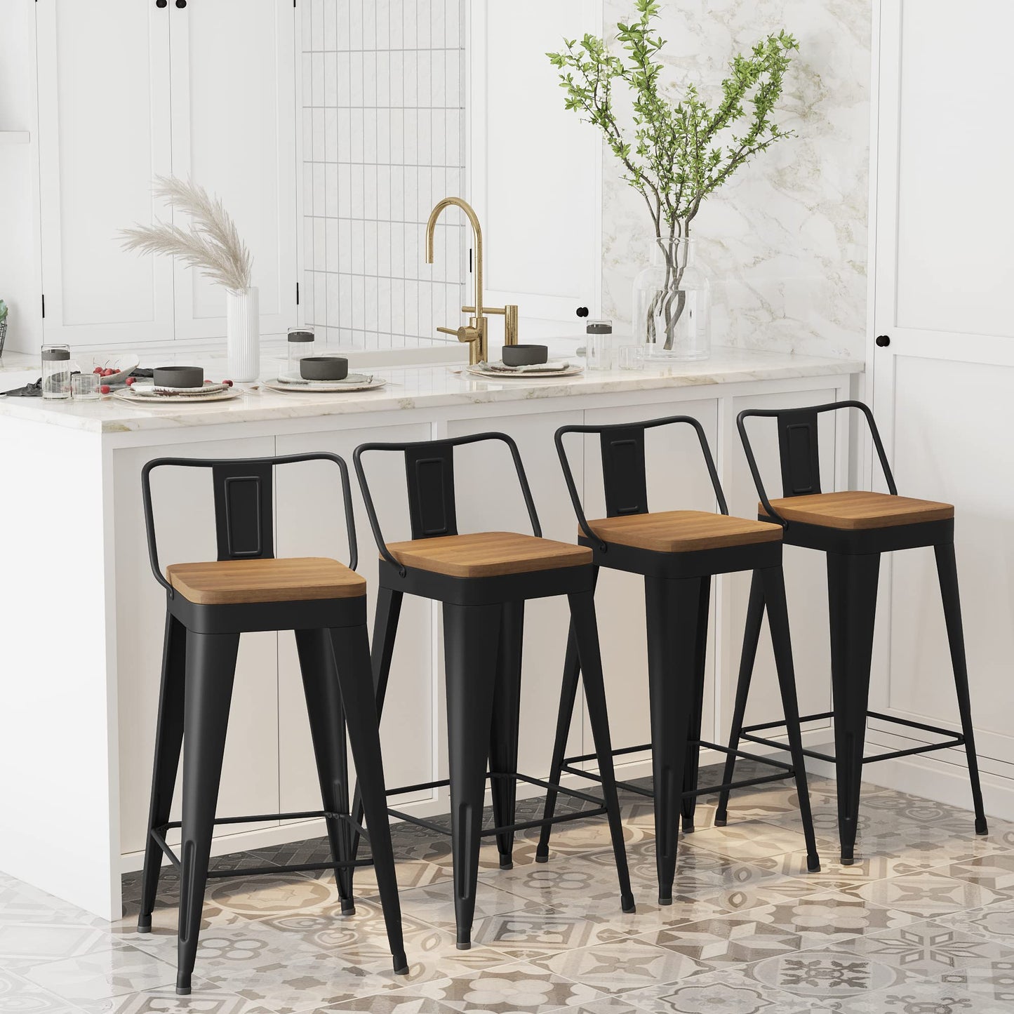 WENTMENT Metal Bar Stools Set of 4 Counter Height Bar Stools Barstools with Removable Back 26" Kitchen Bar Stools with Wooden Seat, Black - WoodArtSupply