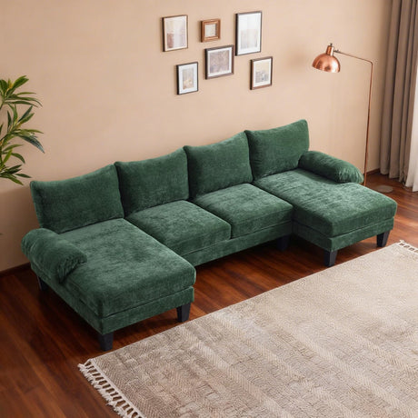Karl home U-Shape Sectional Sofa Couch 111" Modern 4-Seat Sofa with Chaises Chenille Fabric Upholstered Covertible Couch with Wood Grain Legs for Living Room, Reception Room, Apartment, Green Karl home