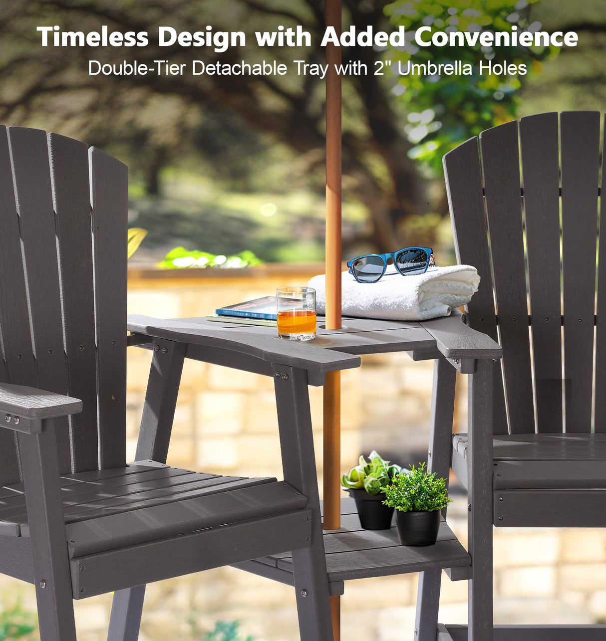 Tall Adirondack Chair Set of 2 with Removable Double Connecting Trays, Recycled HDPE with Wood Grain, Weather Resistant, Outdoor Adirondack Barstools for Deck, Balcony, Patio, Backyard, Light Gray PASAMIC