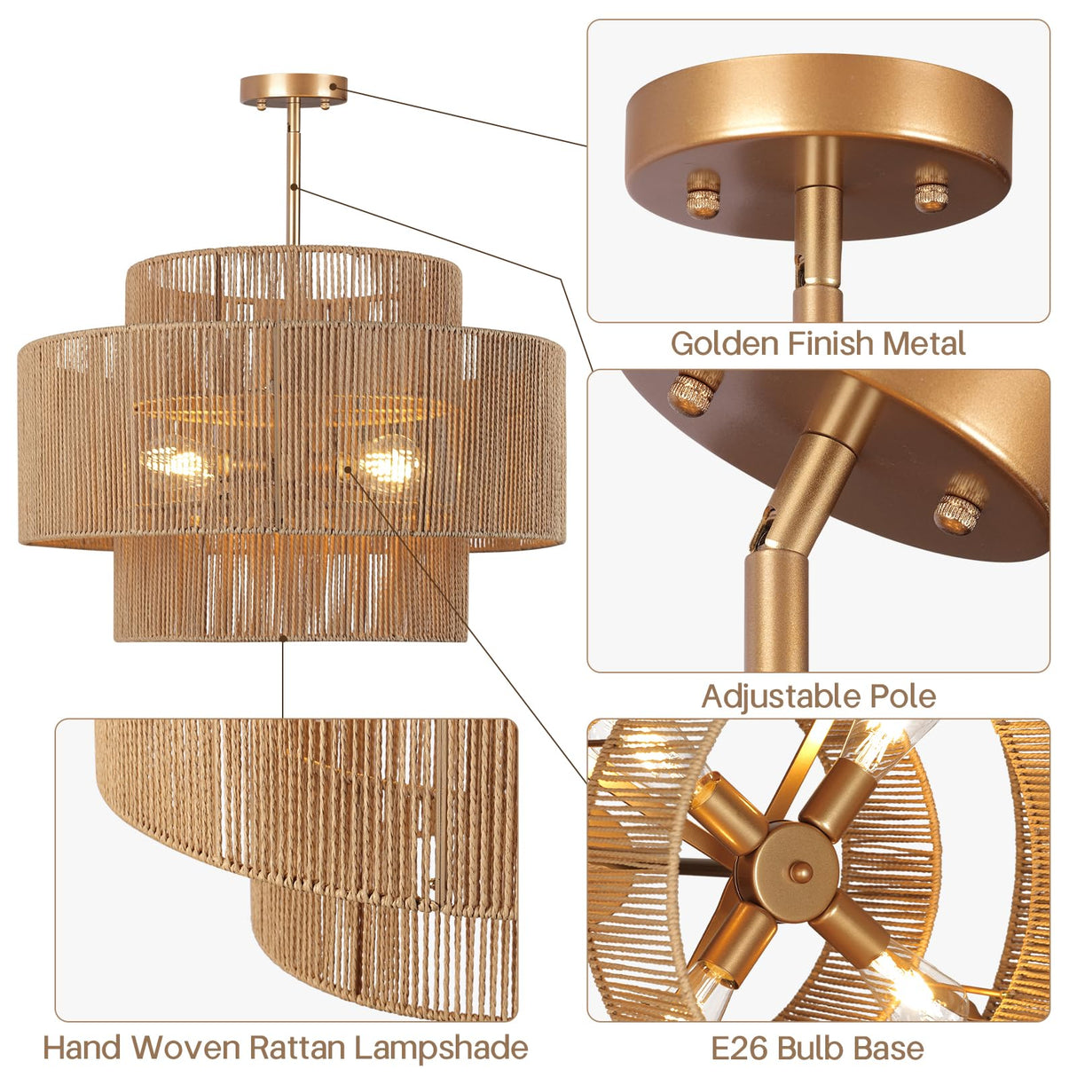 CLARSYNE 24'' Boho Rattan Chandelier, 4-Light Hand-Woven Wicker Pendant Lamp, Rustic Modern Ceiling Light Fixture for Dining Room, Kitchen Island, Living Room, Bedroom, Foyer, Entryway, Over Table CLARSYNE