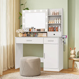 Sweetcrispy Vanity Desk with Adjustable Lighten Mirror & Power Outlet, Makeup Desk for Bedroom with a Storage Cabinet and 3 Drawers, 4 Storage Shelves, White Dresser for Girls Sweetcrispy