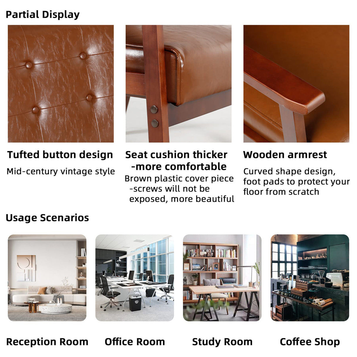 JIASTING Mid Century Modern Loveseat Sofa with Wooden Arms Leather Office Couch 2-Seat Wood Love Seat Lounge Armchair Living Room Bedroom, Waiting Room Sofa, 50”W (Leather, Brown Loveseat N) JIASTING