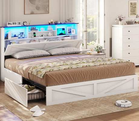 VIAGDO Farmhouse Bed Frame King Size with Bookcase Storage Headboard, Charging Station and LED Lights, Wooden King Bed Frame with 4 Drawers, Barn Door Design, No Box Spring Needed, No Noise, White VIAGDO