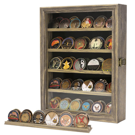 DecoWoodo 5 Rows Military Challenge Coin Display Case with HD Tempered Glass Door, Medal Display Cabinet with Removable Shelves, Poker Chip Coin Holder Shadow Box for Collectors, Rustic Wood Finish DecoWoodo