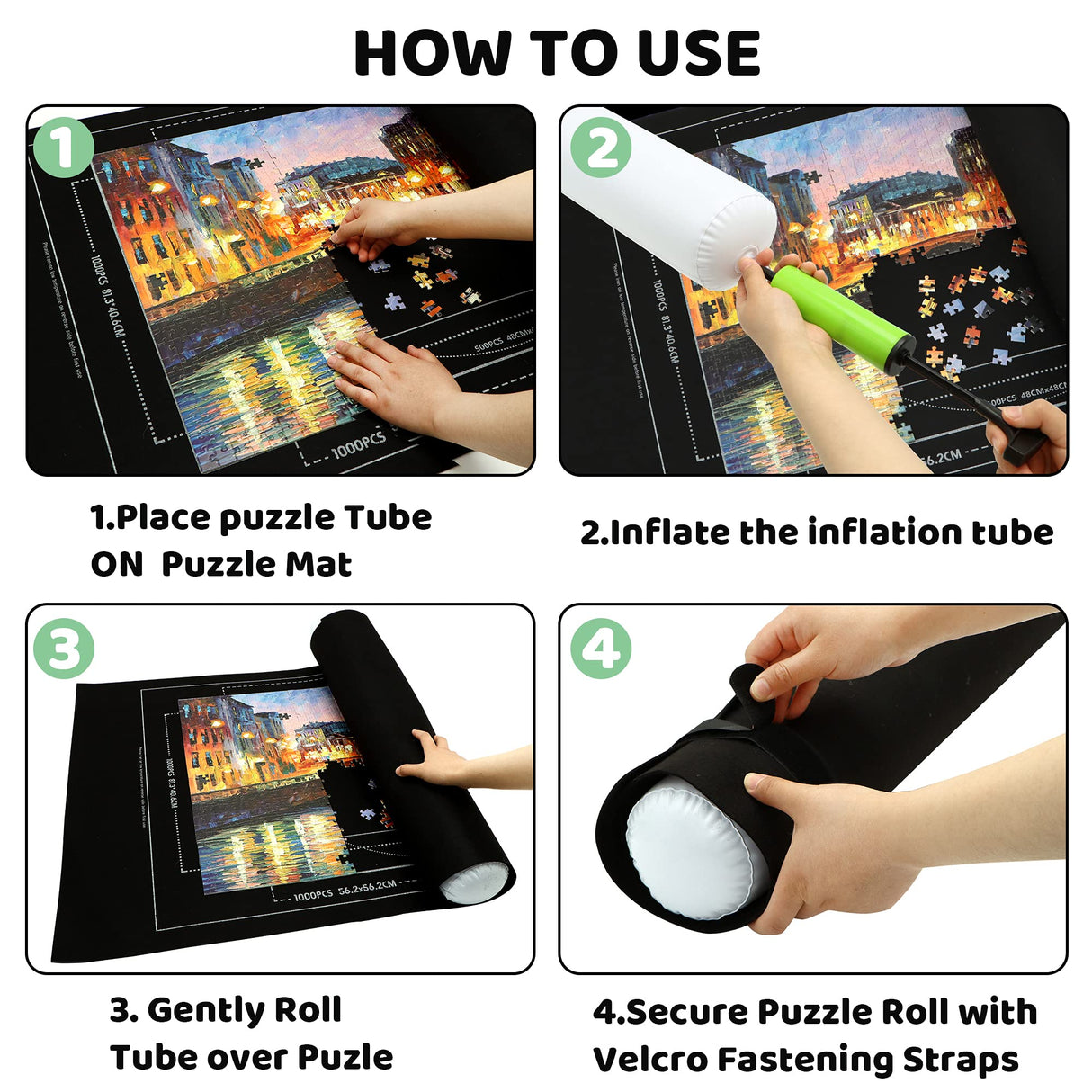 Portable Puzzle Mat Roll Up - with 9 Glue Sheets, Sorting Trays, Hand Pump, Inflatable Tube, and Storage Bag - Perfect for Kids and Adults (Black, 1500pcs) FELIZROCA
