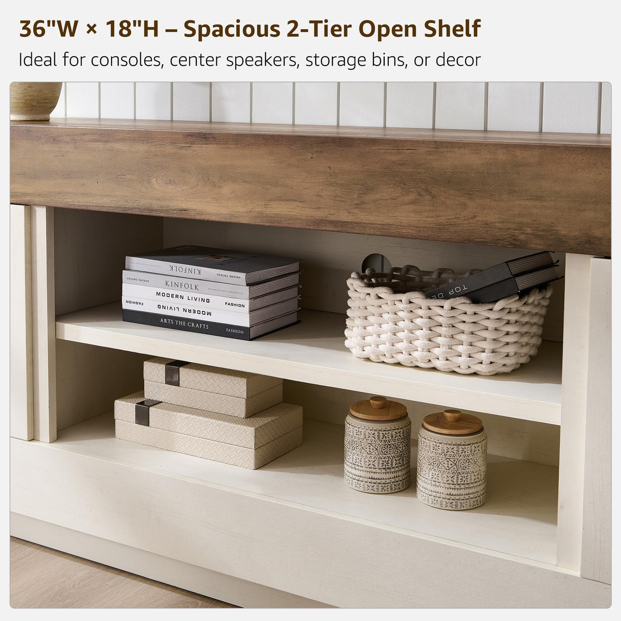 OKD Modern 70" TV Stand, Entertainment Center for TVs Up to 80", Media Console with Large Open Storage & Side Cabinets, Thick Wood Design for Living Room, Antique White OKD