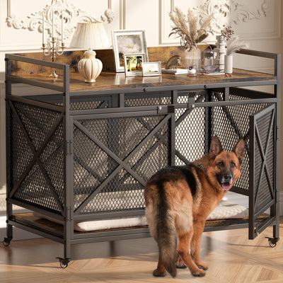 Dog Crate Furniture 48 Inch Wooden Dog Kennel for XLarge Dogs, Heavy Duty Dogs Furniture Indoor Wire Dog Cage with Adjustable Feet & 360° Wheels, Decorative Pet House End Table, Antique Brown