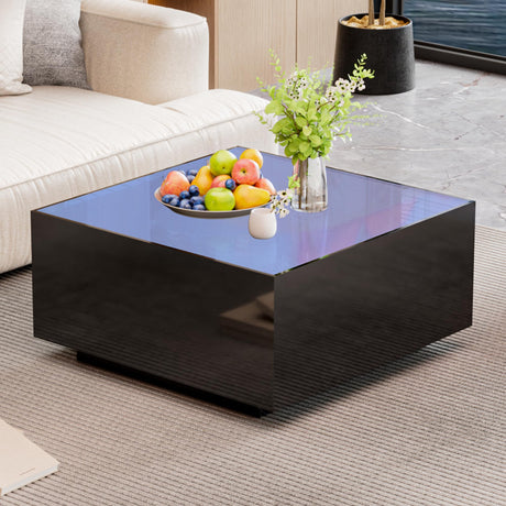 LUMISOL 27.5” High Glossy Coffee Table, Square Coffee Table with LED Strip Lights, Modern Center Table with Frosted Tempered Glass Top, LED Coffee Table for Living Room, Black LUMISOL