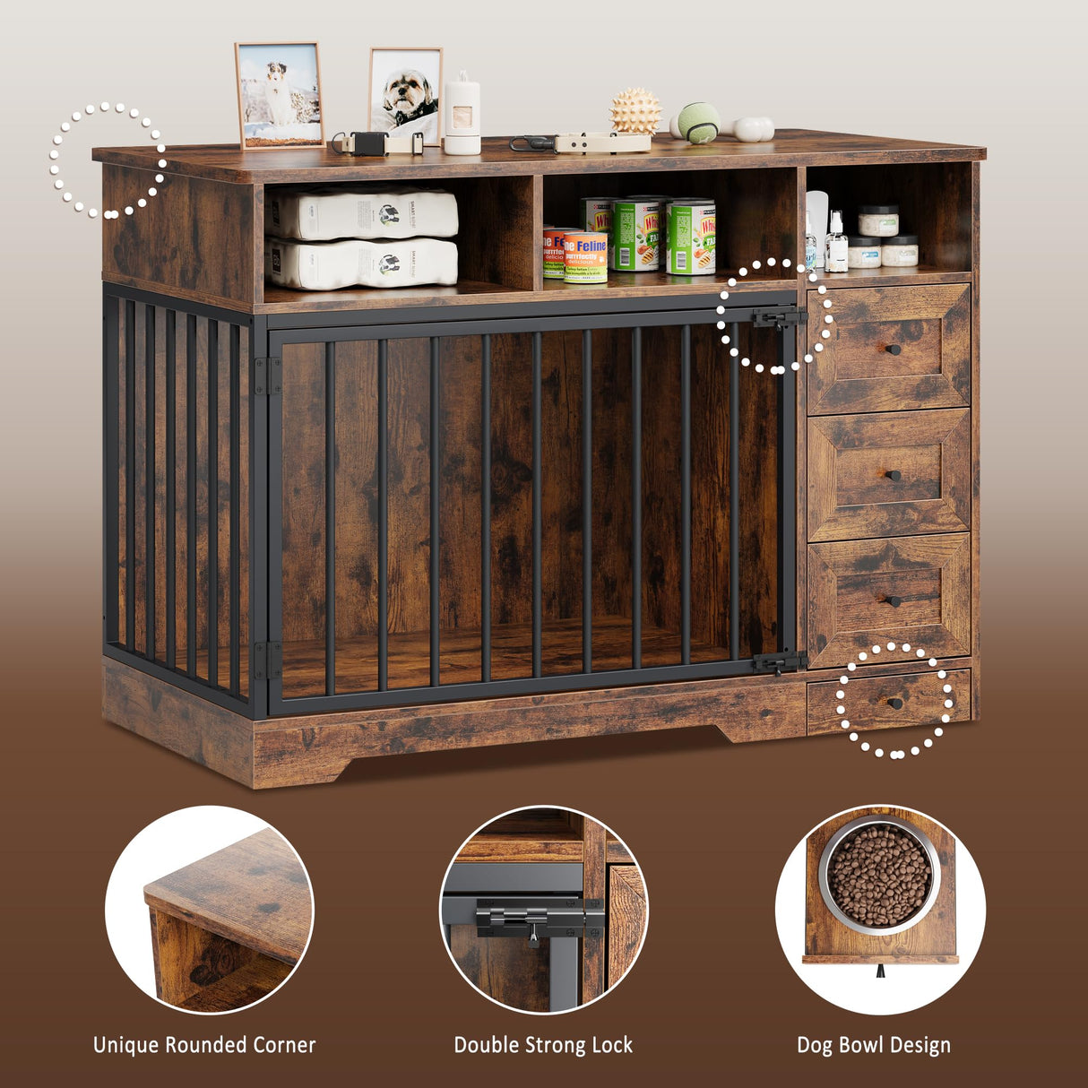 GarveeLife 48 Inch Dog Crate Furniture, Farmhouse Dog Kennel with Dog Bowl & Storage Drawers, Heavy Duty Pet Crate Table for Medium Small Dogs for Living Room, Entryway, Retro Brown GarveeLife