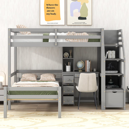 Harper & Bright Designs Twin Over Twin Bunk Bed with Stairs and Desk, Solid Wood Loft Bed with Storage Shelves and Drawers, Stairway Bunk Bed Frame for Kids Teens Adults (Gray)