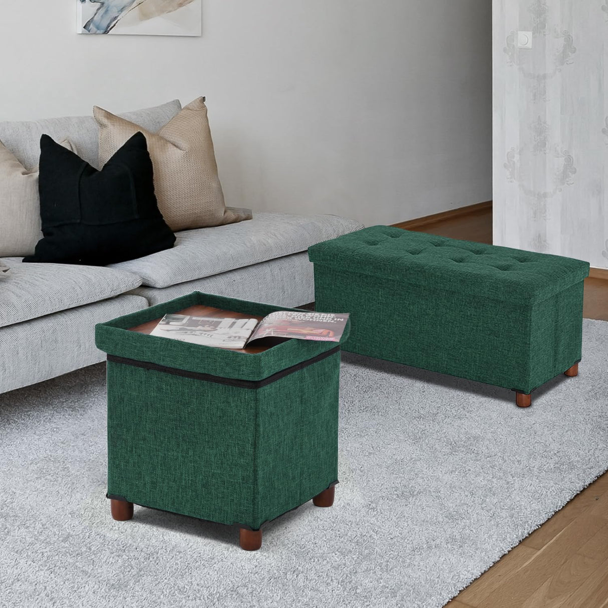 15 Inches Storage Ottoman with Wooden Legs, Cube Foot Rest Stool/Square Footstool Storage for Living Room, Foldable Fabric Ottoman, Comfortable Seat with Lid, Space-Saving Green Ao Lei