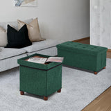 15 Inches Storage Ottoman with Wooden Legs, Cube Foot Rest Stool/Square Footstool Storage for Living Room, Foldable Fabric Ottoman, Comfortable Seat with Lid, Space-Saving Green Ao Lei