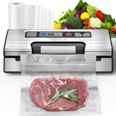 Gasbye Vacuum Sealer Machine, 95kPa Food Sealer with Double Heat Seal for Dry/Moist Food, Easy-lock Handle, Built-in Bag Storage & Cutter, Progress Display, Removable Drip Tray, Silver Gasbye