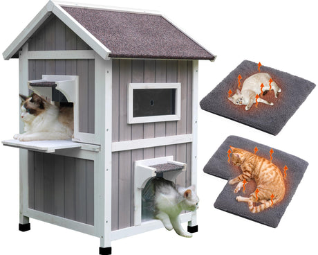 Rockever Outdoor Cat House, Large Outdoor Houses for Feral Cats Wooden Outside Cat Shelter Weatherproof with Escape Door Rockever