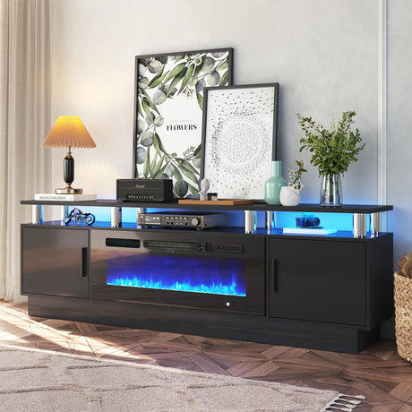 OneBlis 70" TV Stand for Living Room, Modern Entertainment Center & Media Console, Fits TVs up to 80", Storage Cabinet with Shelves, 36" Electric Fireplace with LED Flame (All Black) OneBlis