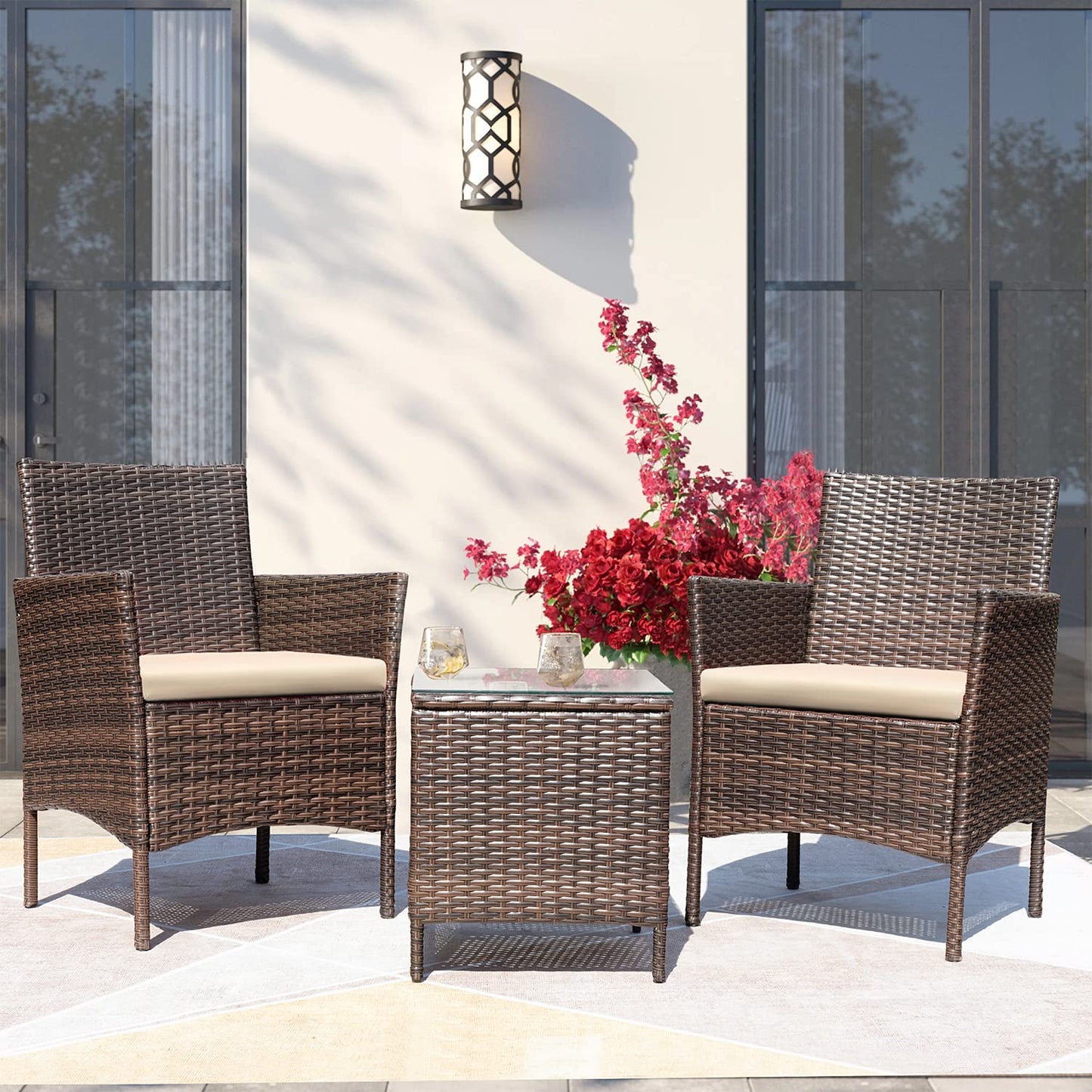 Greesum 3 Pieces Patio Furniture Sets Outdoor PE Rattan Wicker Chairs with Soft Cushion and Glass Coffee Table for Garden Backyard Porch Poolside, Brown and Beige - WoodArtSupply