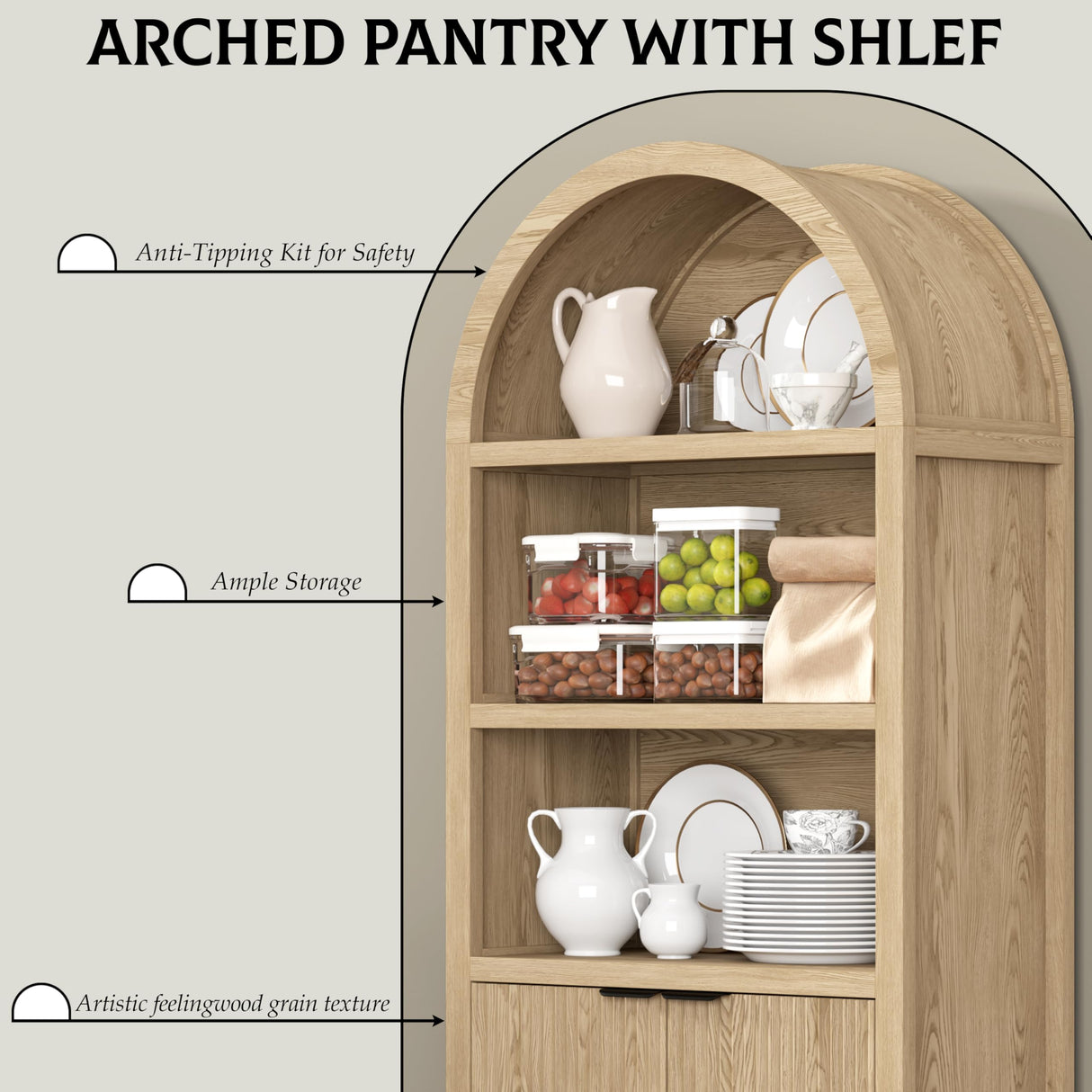 Yusong 71" Tall Arched Bookcase, 5-Tier Arched Bookshelf, Arch Cabinet Display Cabinet with Fluted Doors and Shelves, Modern Farmhouse Kitchen Pantry for Living Room Bedroom, Nature Yusong