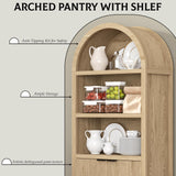 Yusong 71" Tall Arched Bookcase, 5-Tier Arched Bookshelf, Arch Cabinet Display Cabinet with Fluted Doors and Shelves, Modern Farmhouse Kitchen Pantry for Living Room Bedroom, Nature Yusong