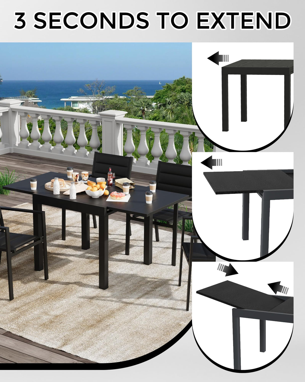 Aluminum 31"-63" Extendable Outdoor Dining Table Set for 4-6 Person, Expandable Patio Table with Wood Pattern Tabletop for Backyard, Deck, Black Fitenlor
