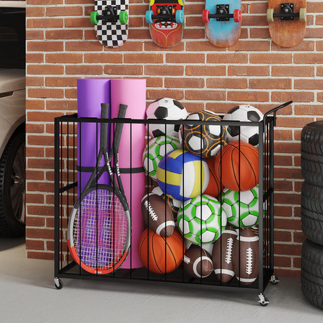 Homsorout Ball Storage Bin Rolling Sports Ball Cart, Metal Garage Organizer Sport Rack, Ball Basket Storage, Ball Cage for Garage or Gym, Indoor & Outdoor Sports Equipment Organizer（Black） Homsorout