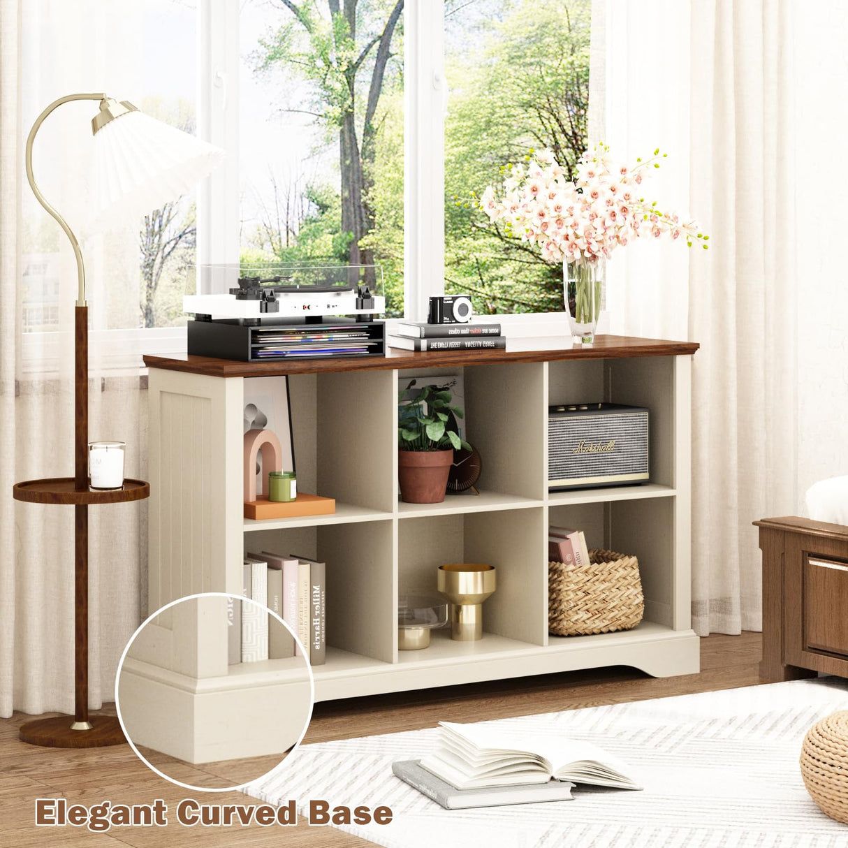 Athyrios 6 Cube Storage Organizer - 47.4" Farmhouse Wood Low Bookshelf, 3 Tier Horizontal Open Shelf Bookcase Cubby Storage Console Cabinet for Living Room, Entryway, Office, Antique White Athyrios