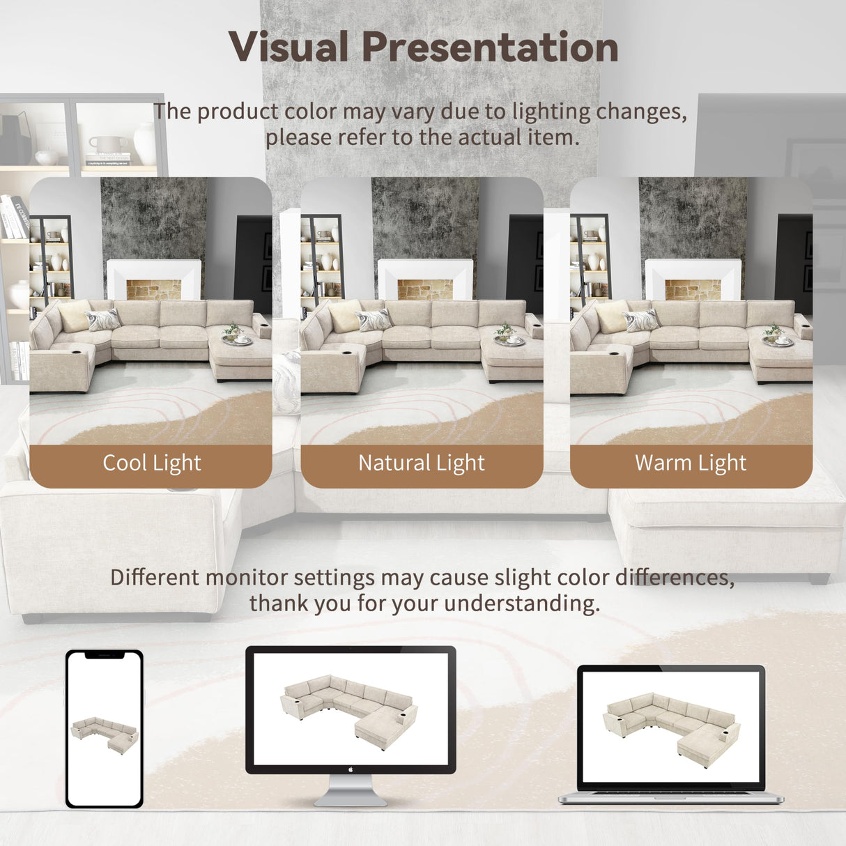 Merax Modern Oversized U-Shaped Sectional Sofa with Cup Holders & Chaise Lounge, Chenille 6-Seat Couch Set Sleeper Bed with Deep Seat Beige Merax