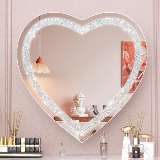 BesMirror LED Mirror for Bathroom Crushed Diamond 24"x24", Heart Shaped Front Lit Wall Mounted LED Vanity Mirror with 3 Color, Stepless Dimmable, Memory, Smart Touch and Shatter-Proof - WoodArtSupply