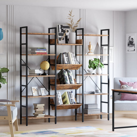 Triple Wide 5-Tier Industrial Style Bookshelf with Metal Frame and Open Shelves by IRONCK IRONCK