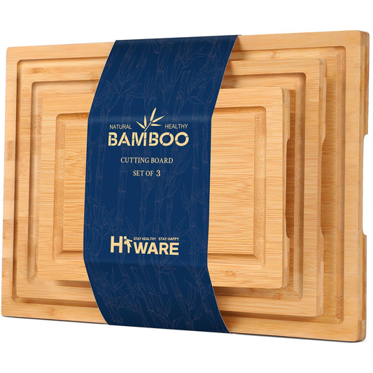 Hiware Wood Cutting Boards for Kitchen, Heavy Duty Bamboo Cutting Board with Juice Groove, Bamboo Chopping Board Set for Meat, Vegetables - Set of 3